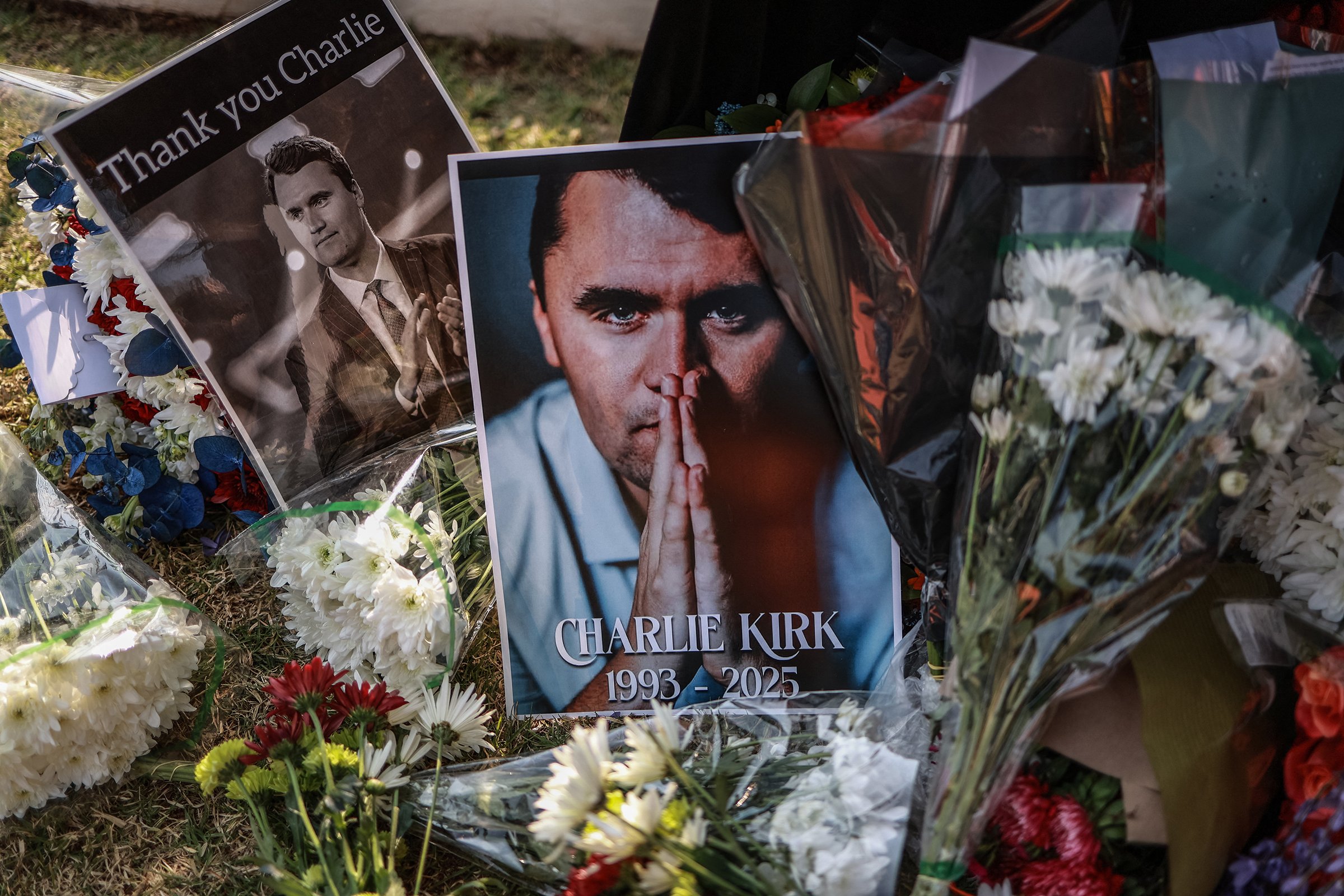 A general view of a wreath laid by mourners outside the US Embassy in Pretoria on Sept. 11, 2025, following the fatal shooting of US youth activist and influencer Charlie Kirk while speaking during an event at Utah Valley University in Orem, Utah.