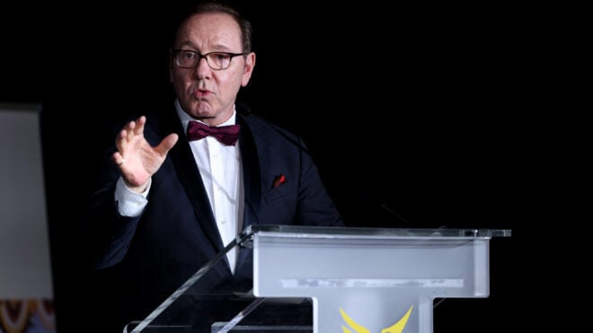 Kevin Spacey speaks on stage during the Better World Fund Gala 2025 at the 78th annual Cannes Film Festival at Carlton Hotel on May 20, 2025, in Cannes, France.
