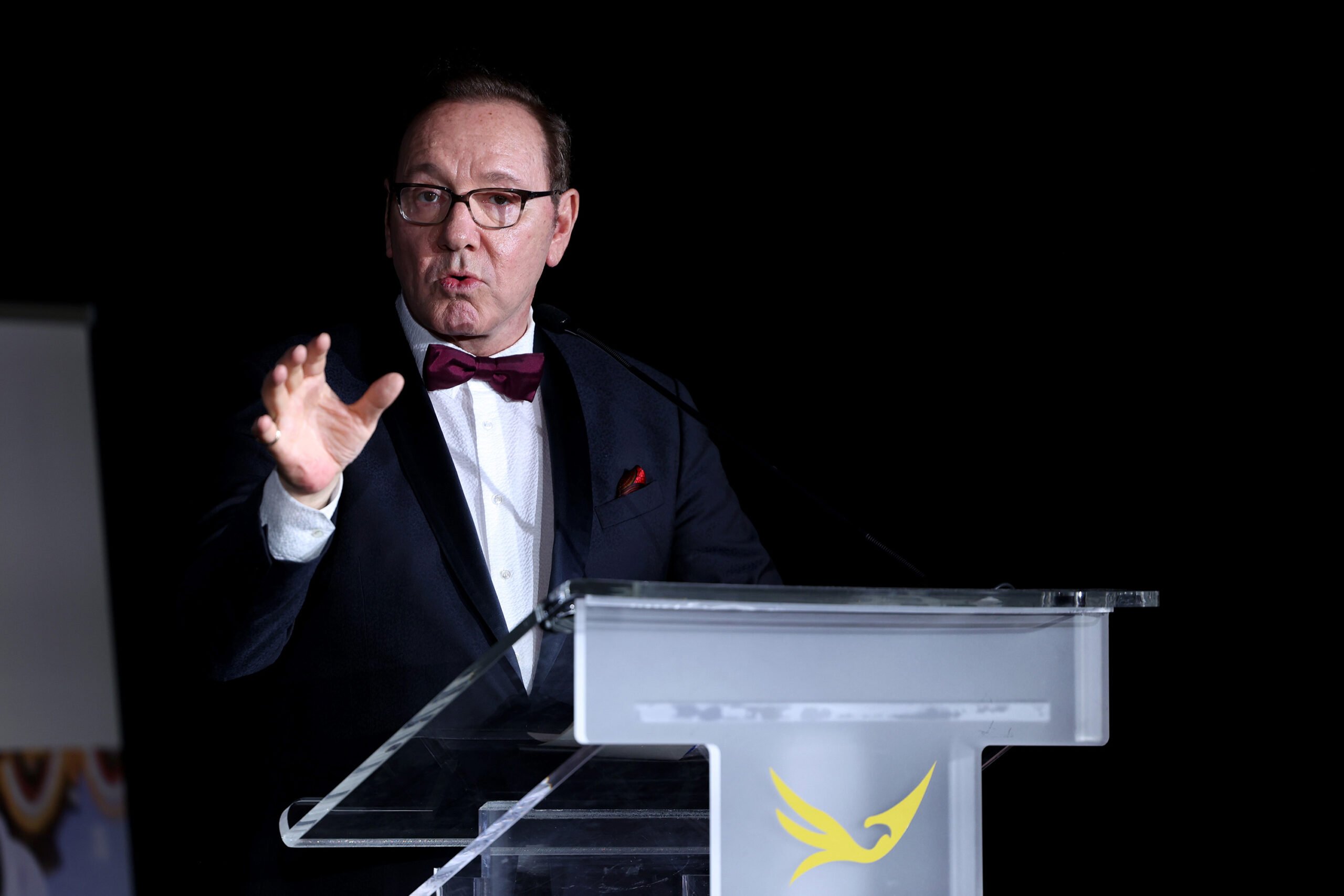 Kevin Spacey speaks on stage during the Better World Fund Gala 2025 at the 78th annual Cannes Film Festival at Carlton Hotel on May 20, 2025, in Cannes, France.