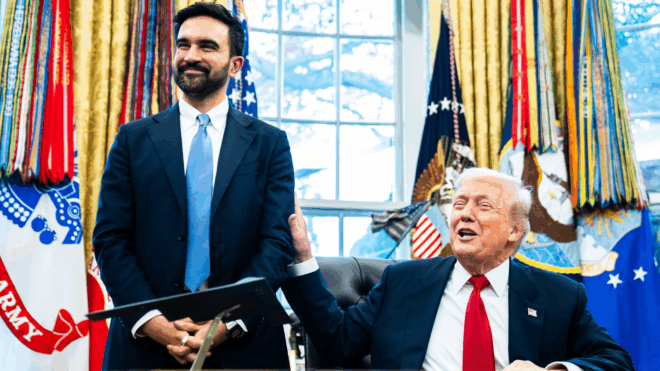 US President Donald Trump and Mayor-Elect of New York City Zohran Mamdani during a meeting in the Oval Office of the White House on Friday November 21, 2025.