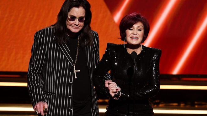 From left, Ozzy Osbourne and Sharon Osbourne speak onstage during the 62nd Annual Grammy Awards at Staples Center on Jan. 26, 2020, in Los Angeles.