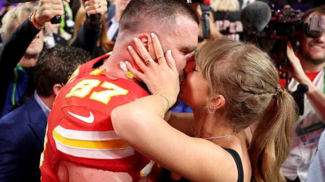 Travis Kelce of the Kansas City Chiefs kisses Taylor Swift after defeating the San Francisco 49ers, 25-22, in overtime during Super Bowl LVIII at Allegiant Stadium on Feb. 11, 2024, in Las Vegas.