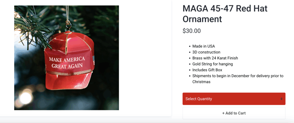 A MAGA hat Christmas ornament 