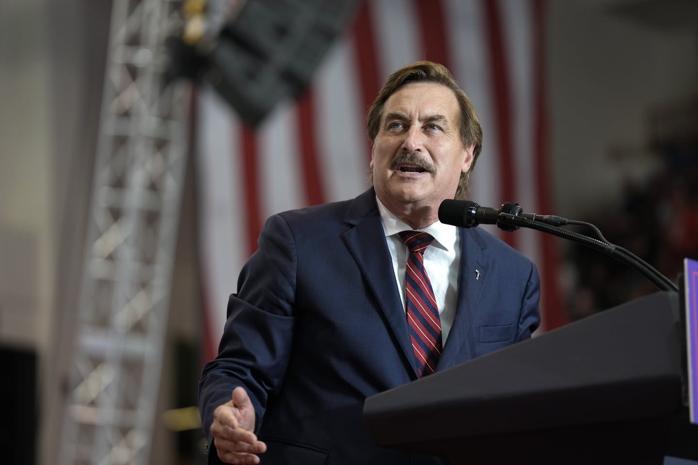 My Pillow CEO Mike Lindell speaks at a Trump-Vance rally at Herb Brooks National Hockey Center in 2024.