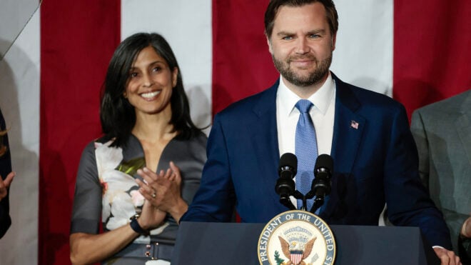 US Vice President JD Vance join by his wife Usha Vance, speaks at Vantage Plastics