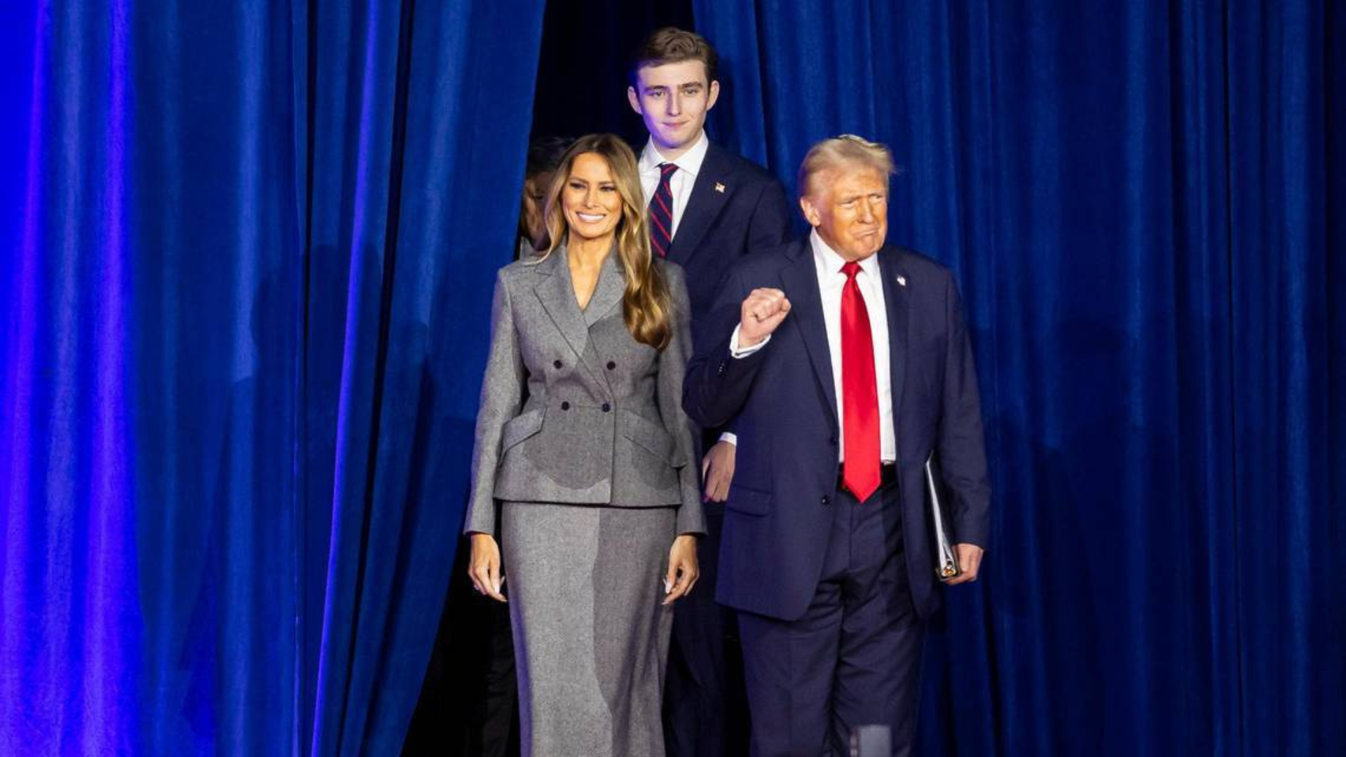 Republican presidential nominee and now President-elect Donald Trump arrives at the election party with his wife, Melania Trump, and son, Barron Trump, at the Palm Beach County Convention Center, Tuesday, Nov. 5, 2024, in West Palm Beach.
