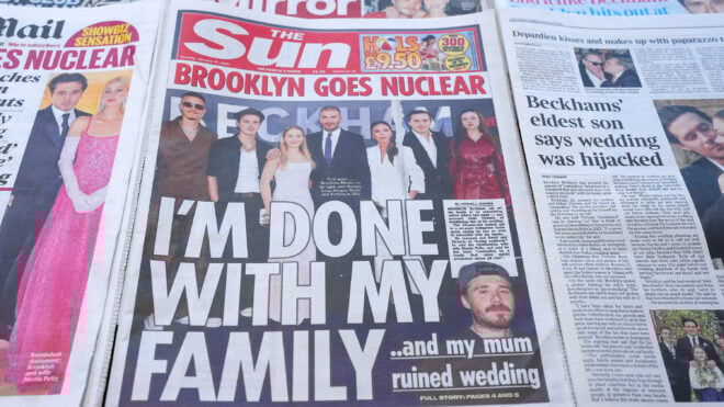 In this photo illustration, U.K. newspaper front pages display stories and images on the Beckham family feud on Jan. 20, 2026,