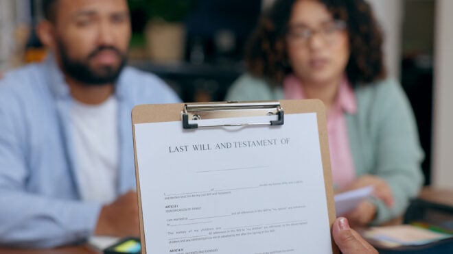 Closeup, hand and last will for document in office for testament