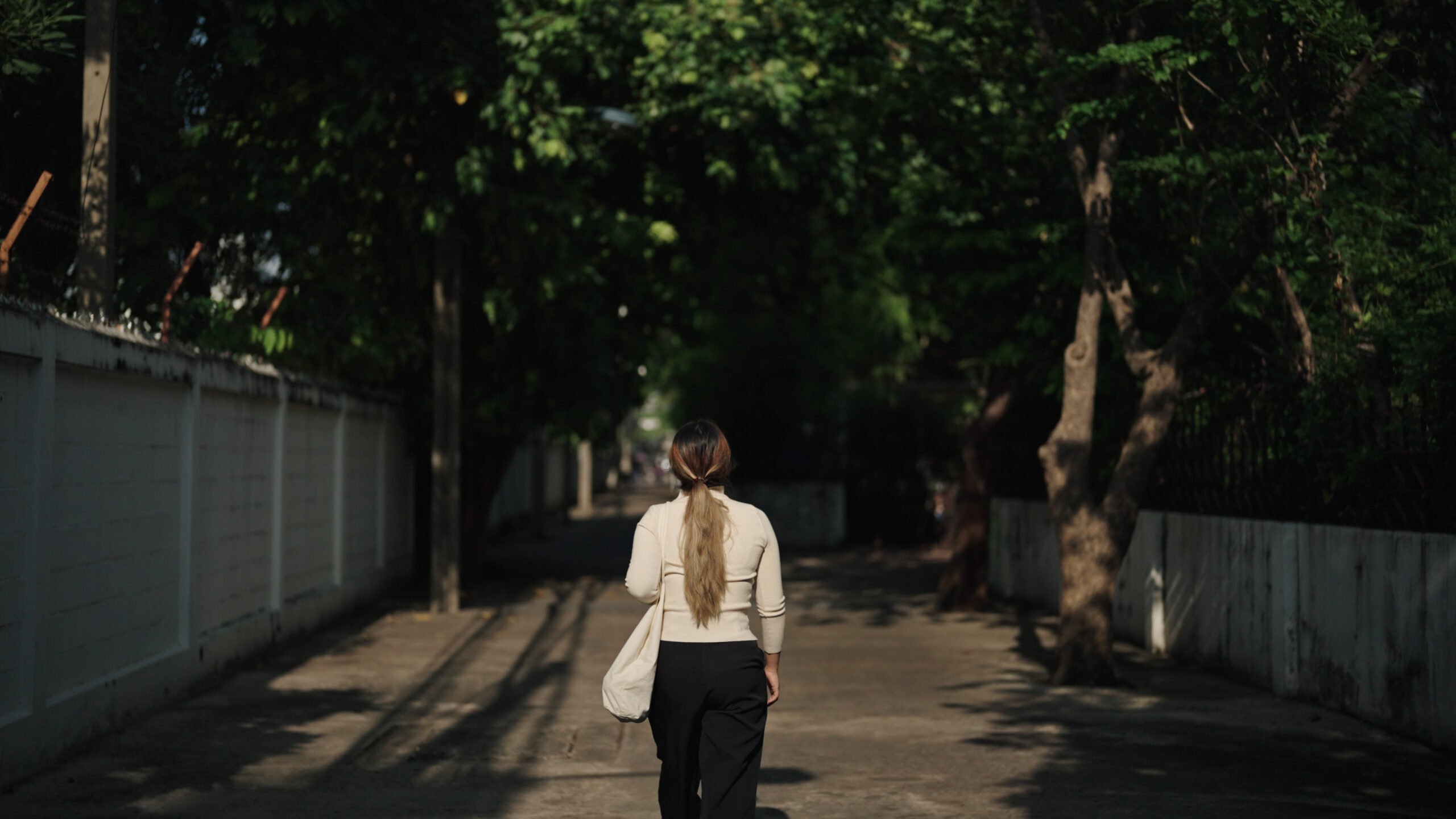Woman walking alone down the street, her back to the camera