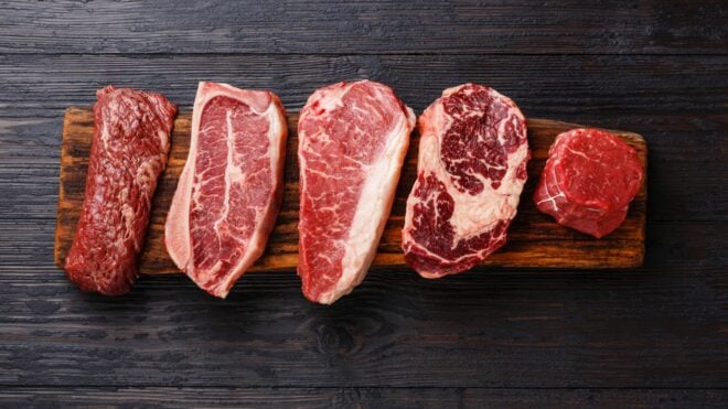 Variety of Raw Black Angus Prime meat steaks Machete, Blade on bone, Striploin, Rib eye, Tenderloin fillet mignon on wooden board copy space