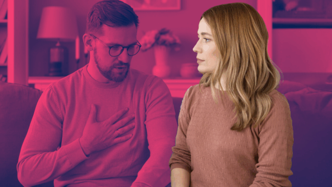 woman an man sitting and talking