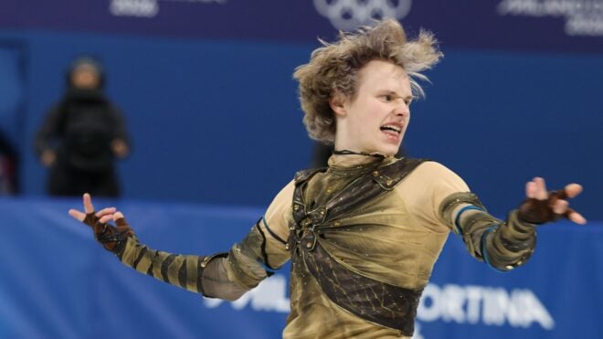 US' Ilia Malinin performs during the Men's Single Short Program of the Figure Skating Team Event