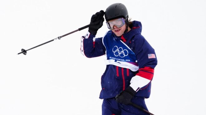 USA's Hunter Hess reacts at the Men's Freeski Halfpipe