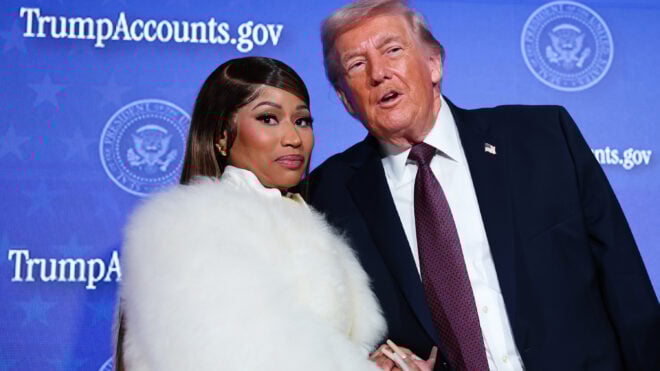 Musician Nicki Minaj, left, joins U.S. President Donald Trump on stage