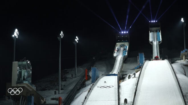 A general view as Agnes Reisch of Team Germany jumps during the Women's Normal Hill Training training session