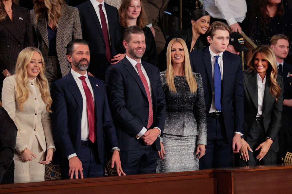 Members of U.S. President Donald Trump's family (L-R) Tiffany Trump, Donald Trump Jr., Eric Trump, Ivanka Trump, Barron Trump and first lady Melania Trump attend the State of the Union address during a Joint Session of Congress at the U.S. Capitol on February 24, 2026, in Washington, DC.