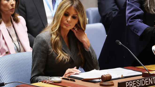 Mrs. Trump chaired a U.N. panel on education's role in "advancing tolerance and world peace."