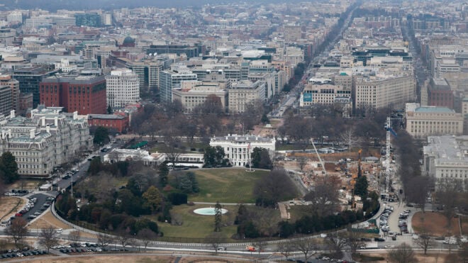 iewed from the observation level of the Washington Monument, demolition work continues where the East Wing once stood at the White House