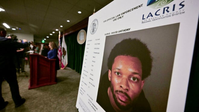 A picture of singer D4vd is seen during a press briefing on the case against him in Los Angeles on April 20, 2026.