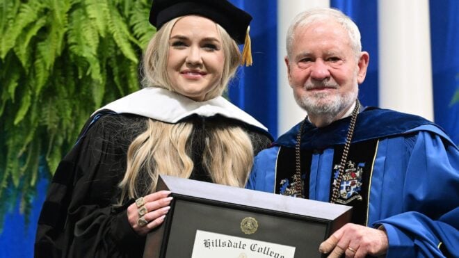 Erika Kirk, CEO and chair of Turning Point USA receives a honorary degree from Hillsdale College
