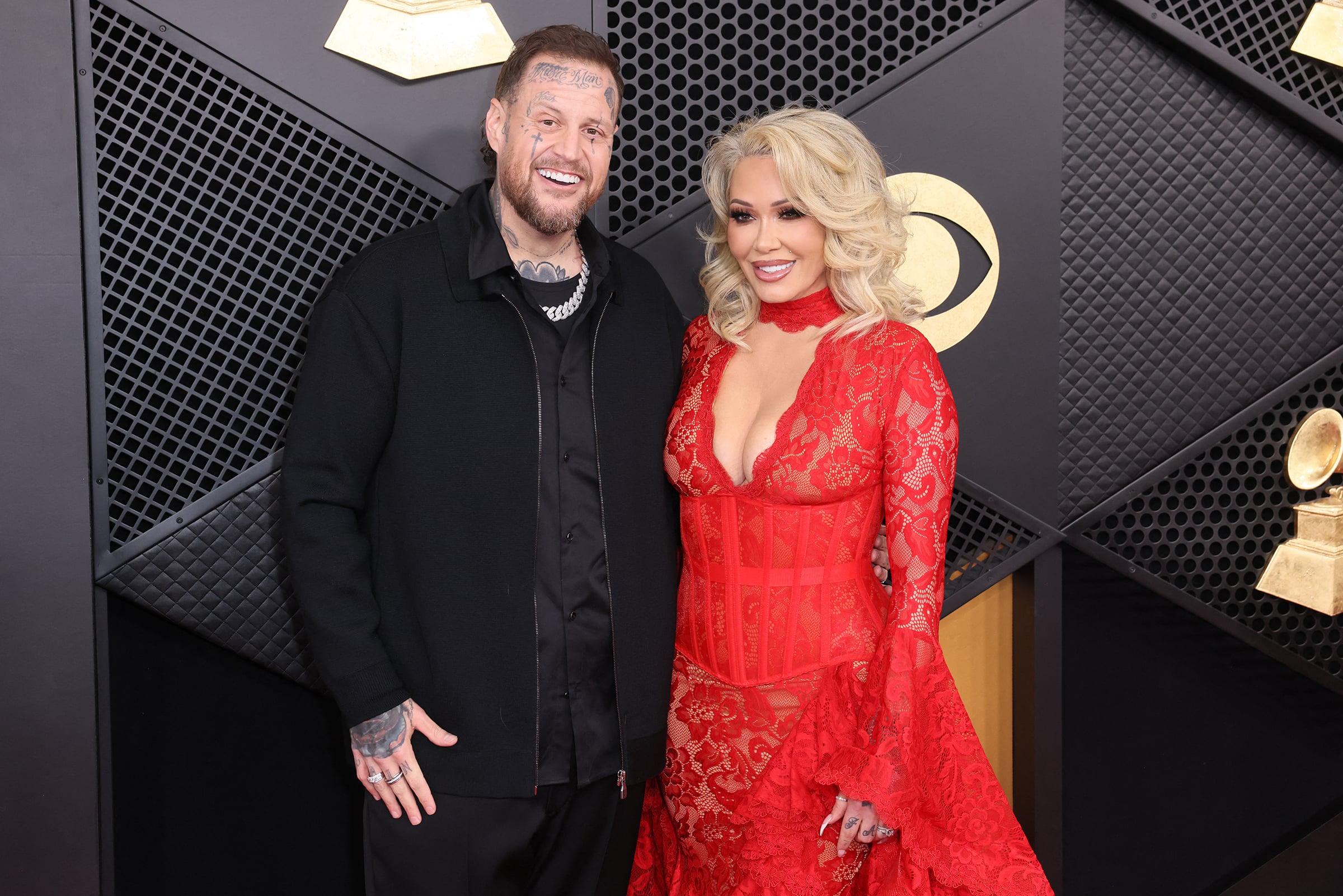 Jelly Roll, left, and Bunnie Xo arrive for the 68th Annual Grammy Awards at Crypto.com Arena in Los Angeles on Feb. 1, 2026.