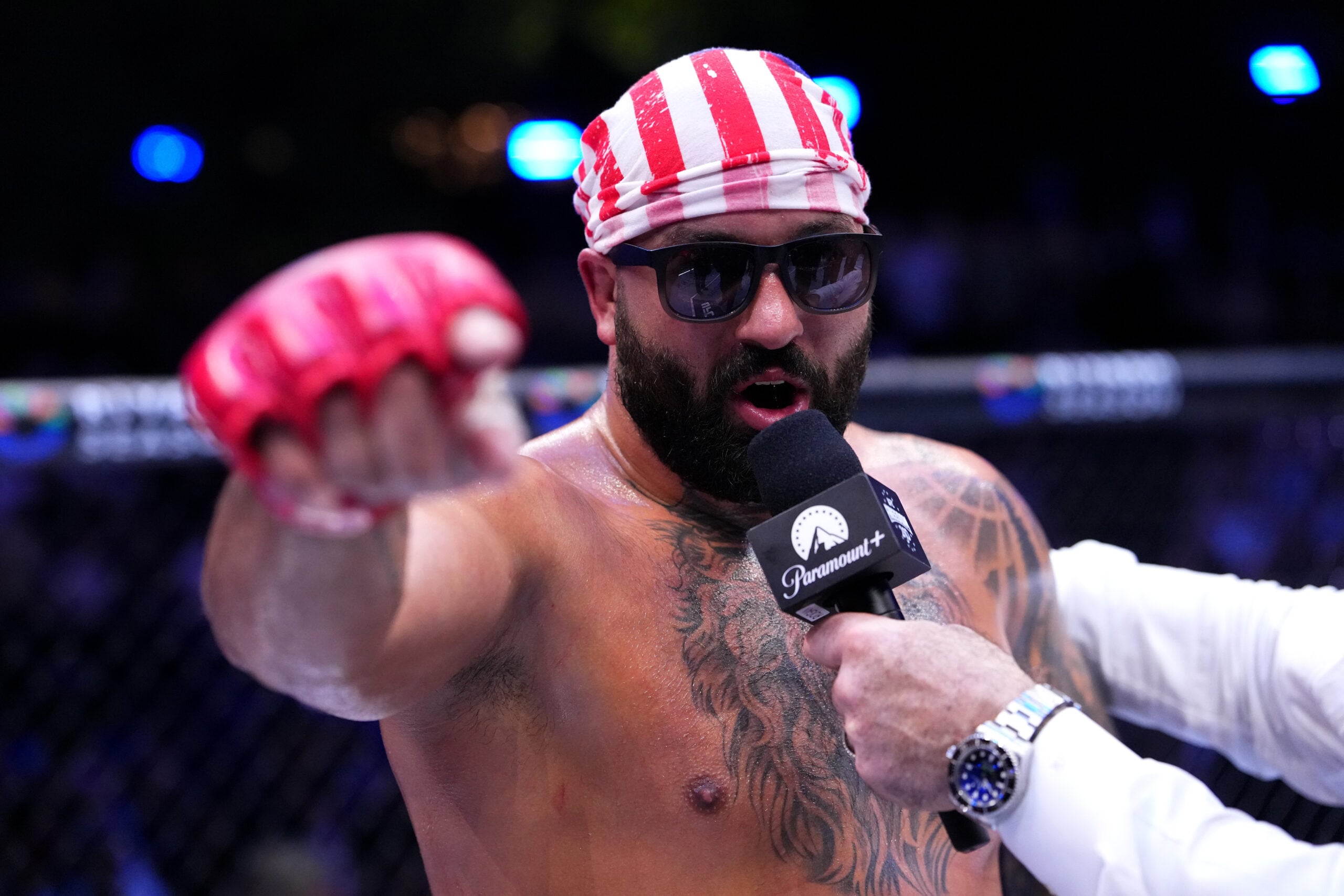 Josh Hokit speaks to Joe Rogan following his win in a heavyweight fight during the UFC Freedom 250 event
