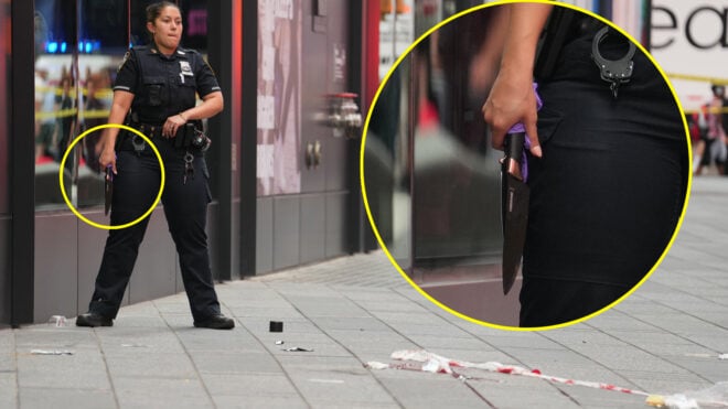 A woman was shot by NYPD cops after refusing to drop two knives she was swinging as she approached them in Times Square Monday, Aug. 31, 2026, at Seventh Ave. and W. 43rd St. in Midtown Manhattan.