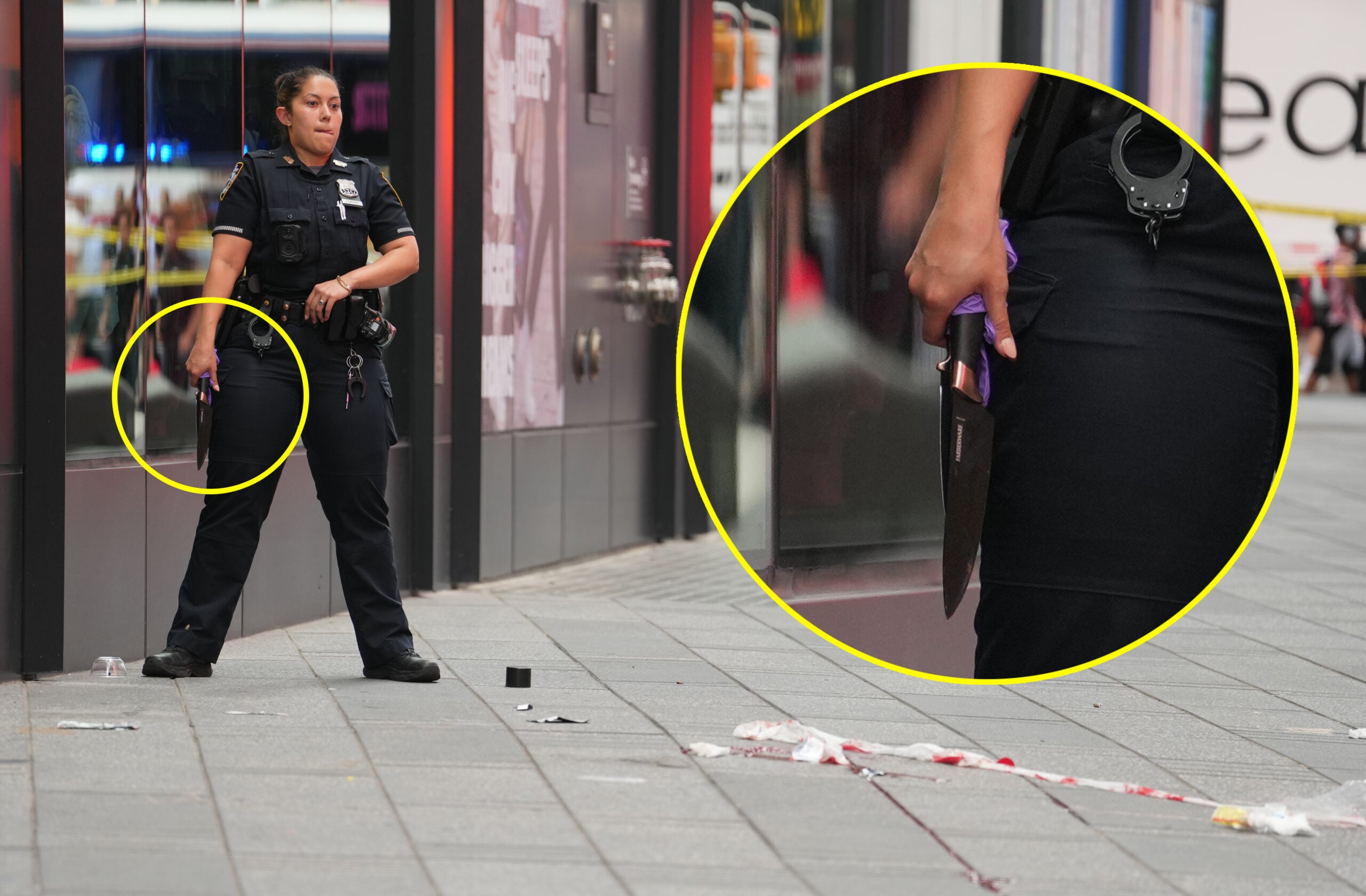 A woman was shot by NYPD cops after refusing to drop two knives she was swinging as she approached them in Times Square Monday, Aug. 31, 2026, at Seventh Ave. and W. 43rd St. in Midtown Manhattan.
