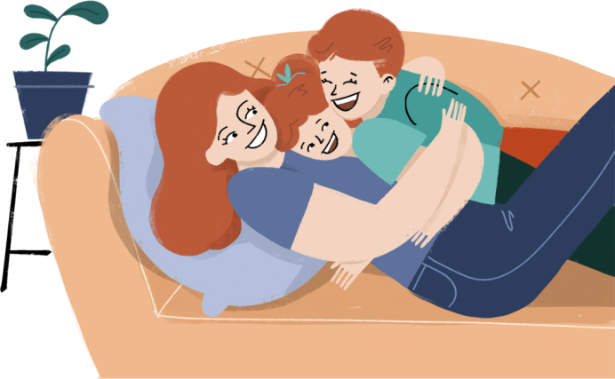 Illustration of kids with mom on couch