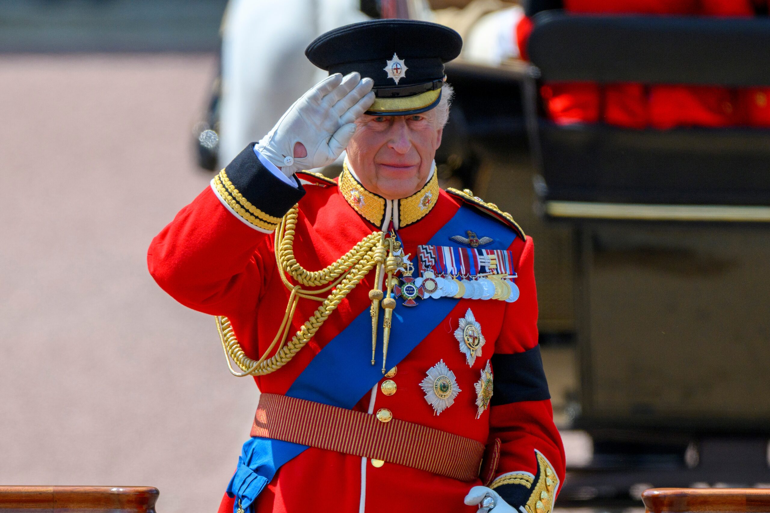 Britain's King Charles III salutes at the Trooping the Colour parade to honour him on his official birthday in London, Britain, on June 14, 2025. (Photo by Ray Tang/Xinhua via Getty Images)