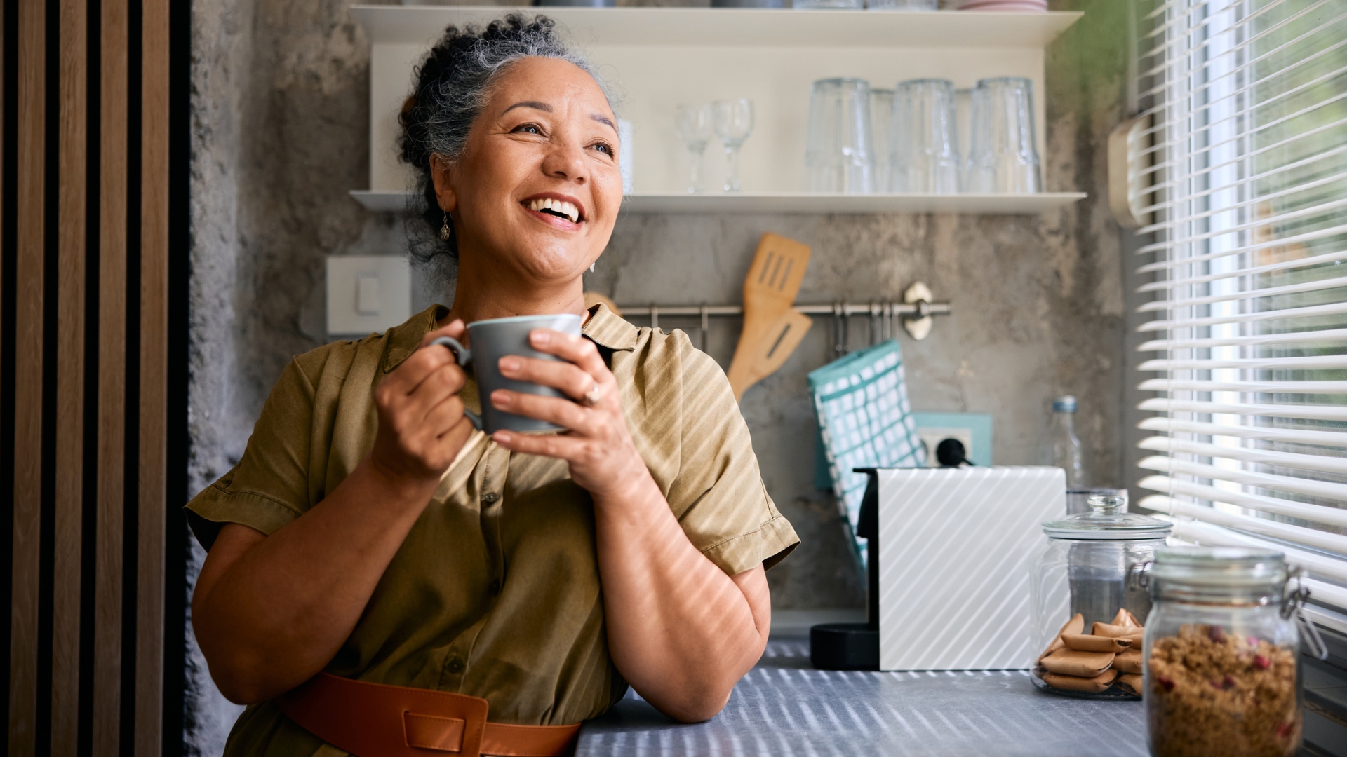 middle aged woman drinking coffee