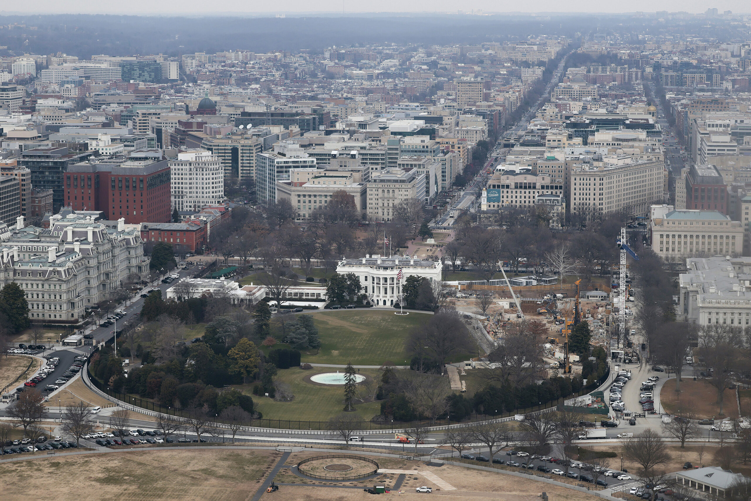 iewed from the observation level of the Washington Monument, demolition work continues where the East Wing once stood at the White House