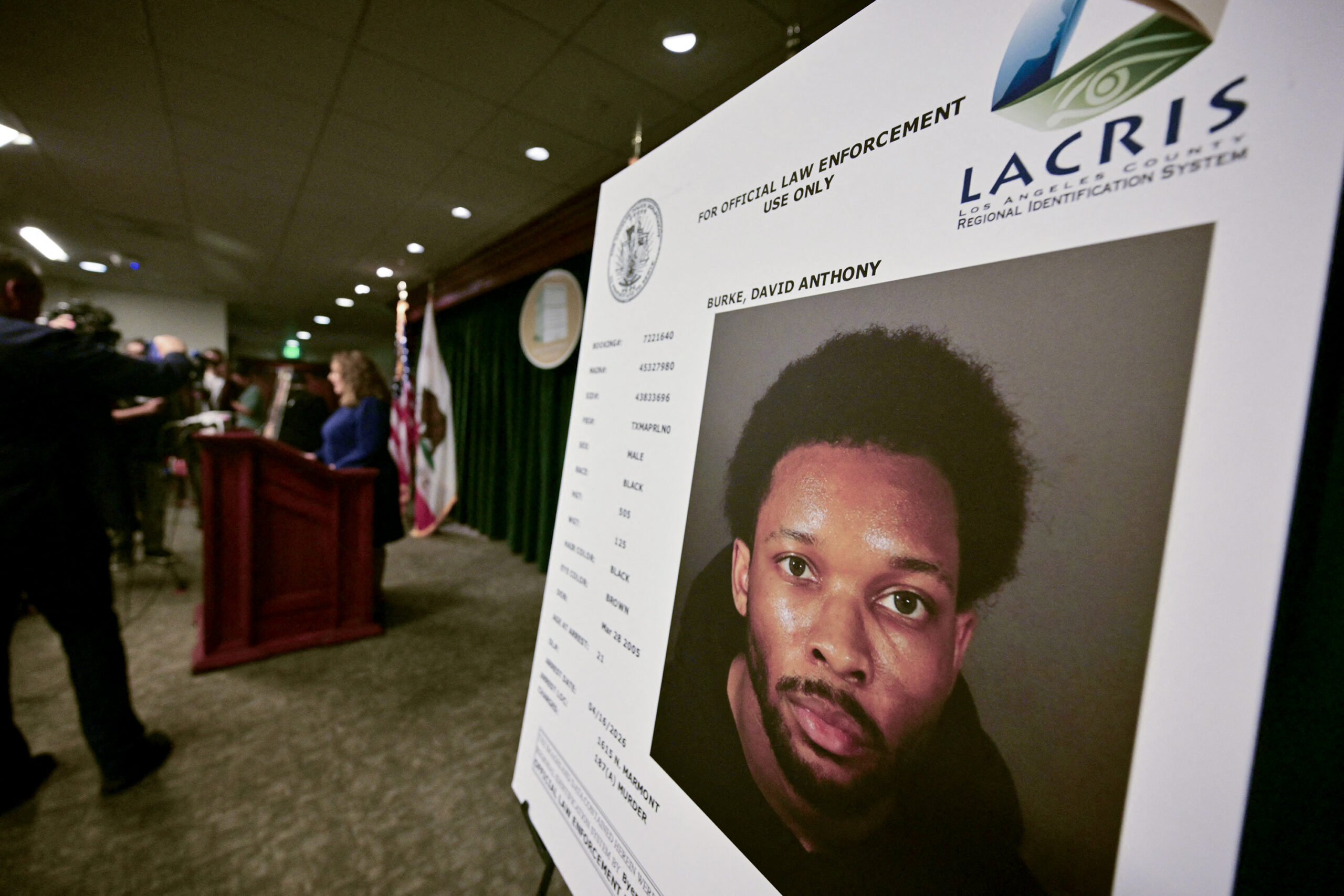 A picture of singer D4vd is seen during a press briefing on the case against him in Los Angeles on April 20, 2026.